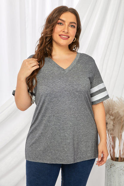 Plus Size Striped V-Neck Tee Shirt-Angel Casuals