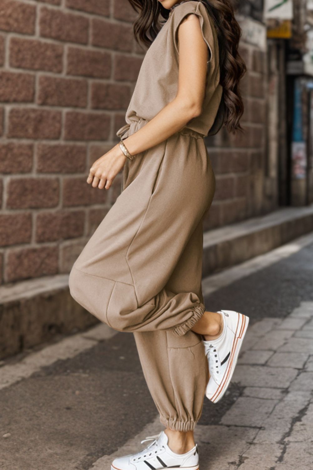 Drawstring Round Neck Cap Sleeve Jumpsuit-Angel Casuals