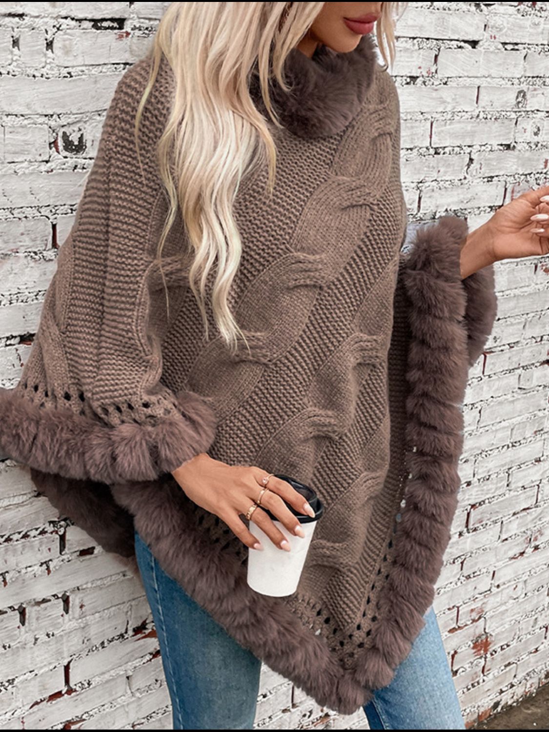 Fuzzy Hem Cable-Knit Poncho-Angel Casuals