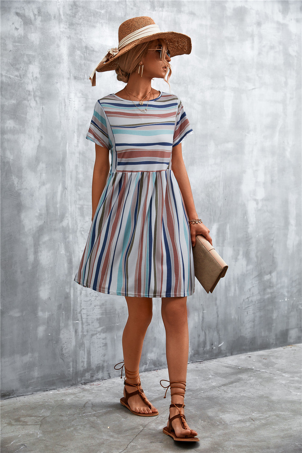 Striped Round Neck Dress-Angel Casuals