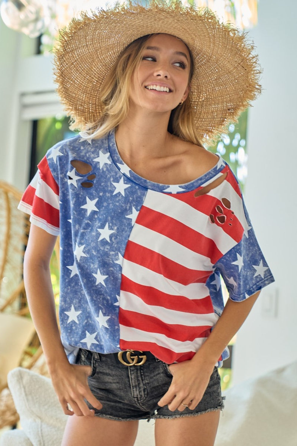 BiBi American Flag Theme Short Sleeve T-Shirt-Angel Casuals