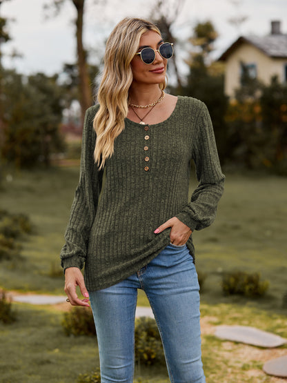 Round Neck Button-Down Long Sleeve Tee-Angel Casuals