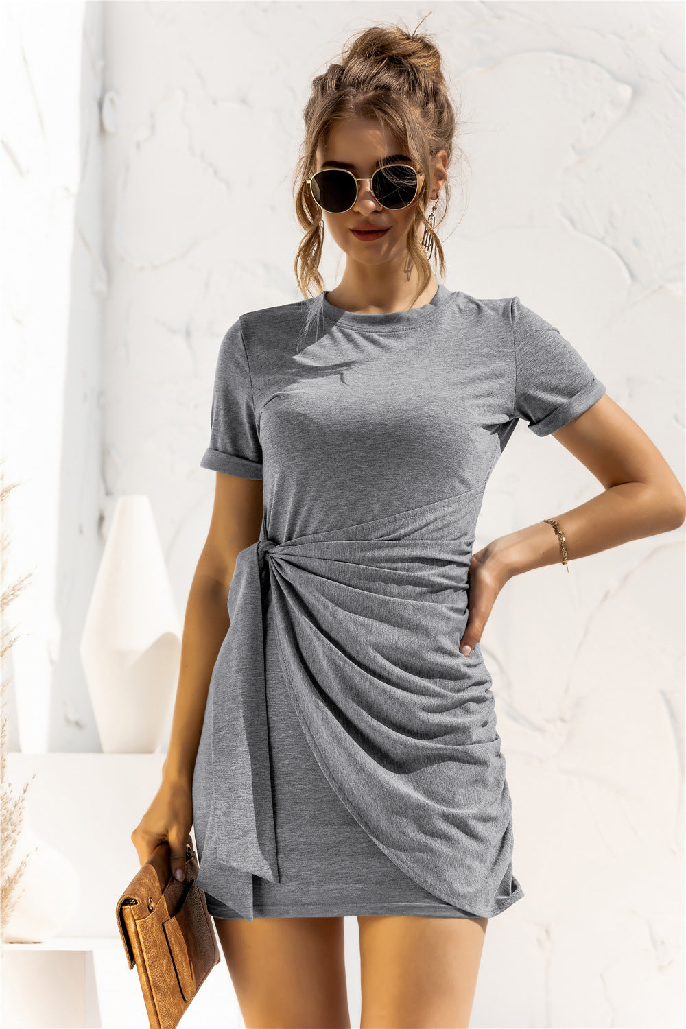 Round Neck Cuffed Sleeve Side Tie Dress-Angel Casuals