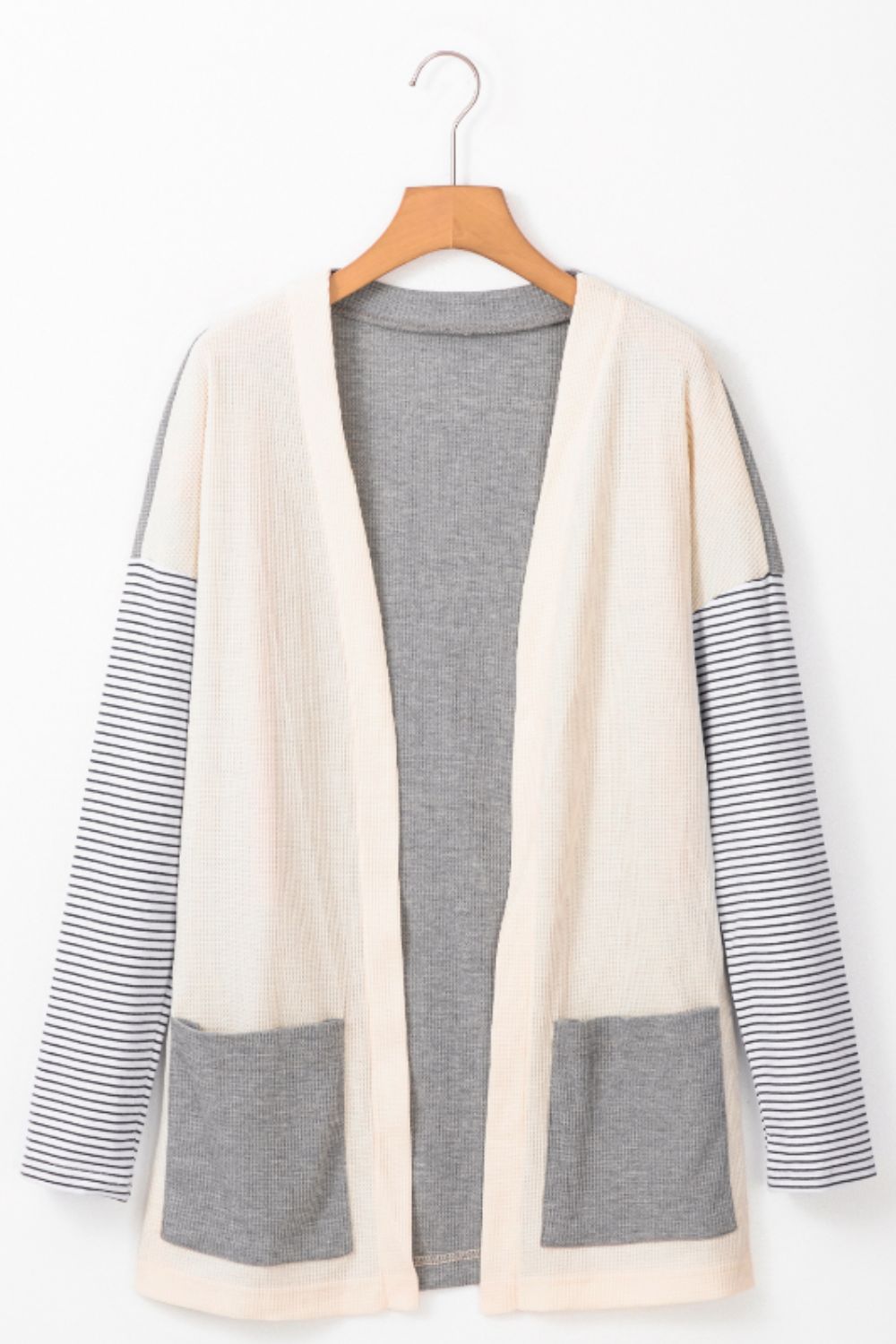 Open Front Long Sleeve Striped Cardigan with Pockets-Angel Casuals