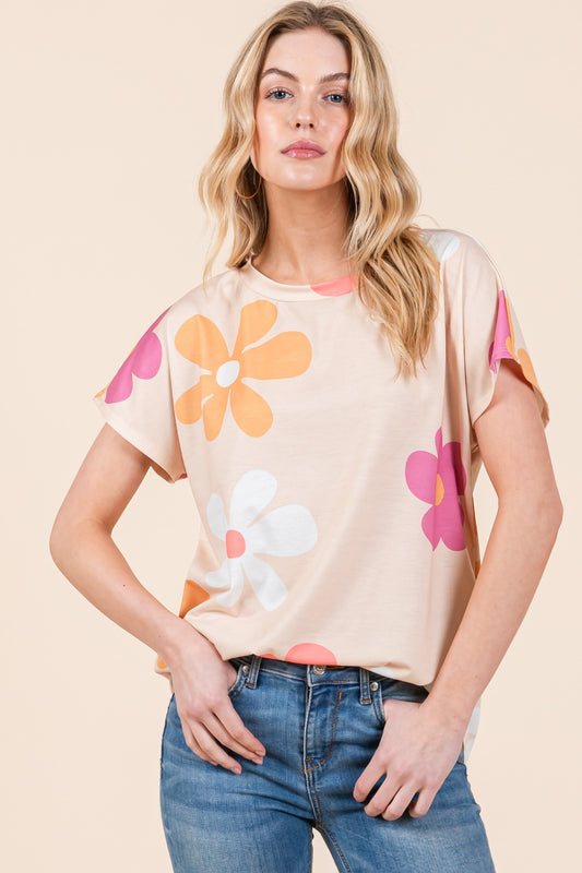 BOMBOM Floral Short Sleeve T-Shirt-Angel Casuals