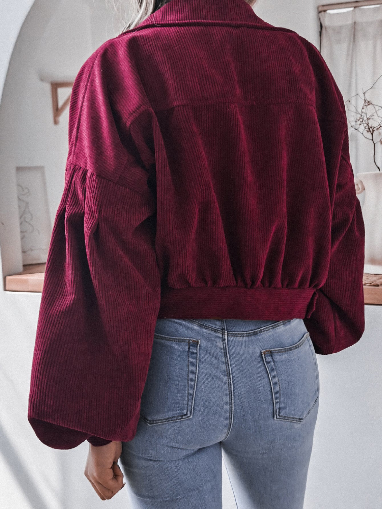 Lantern Sleeve Cropped Corduroy Jacket-Angel Casuals