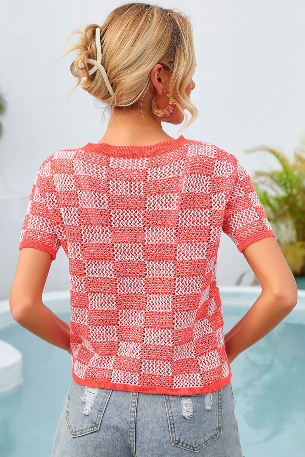 Angel Wings Checkered Short Sleeve Knit Top-Angel Casuals