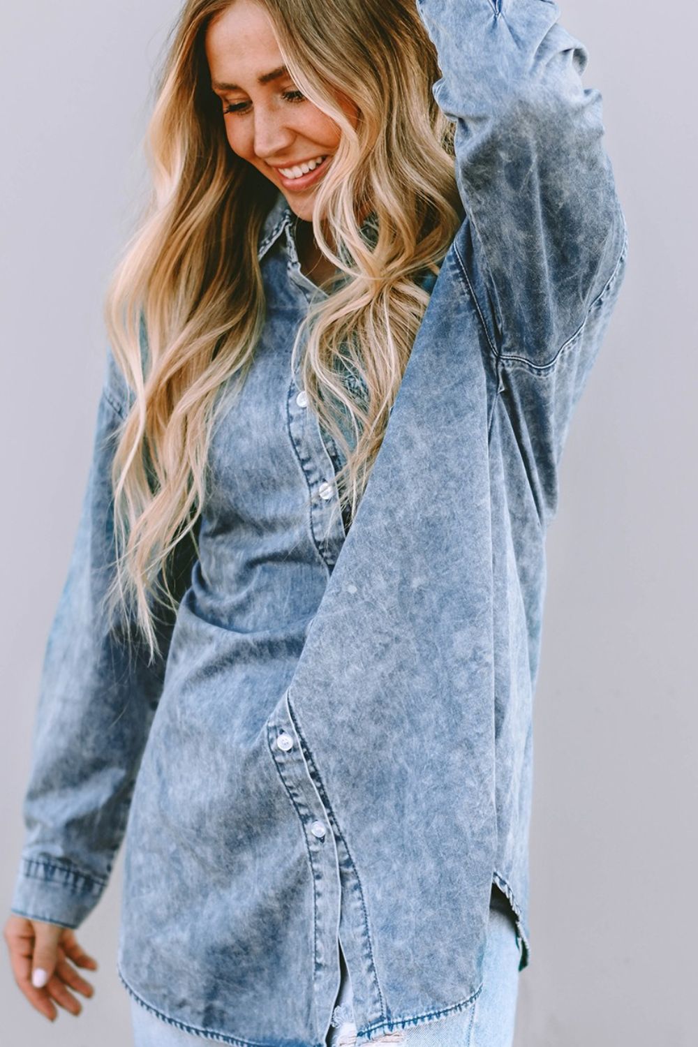 Button Up Dropped Shoulder Denim Top-Angel Casuals