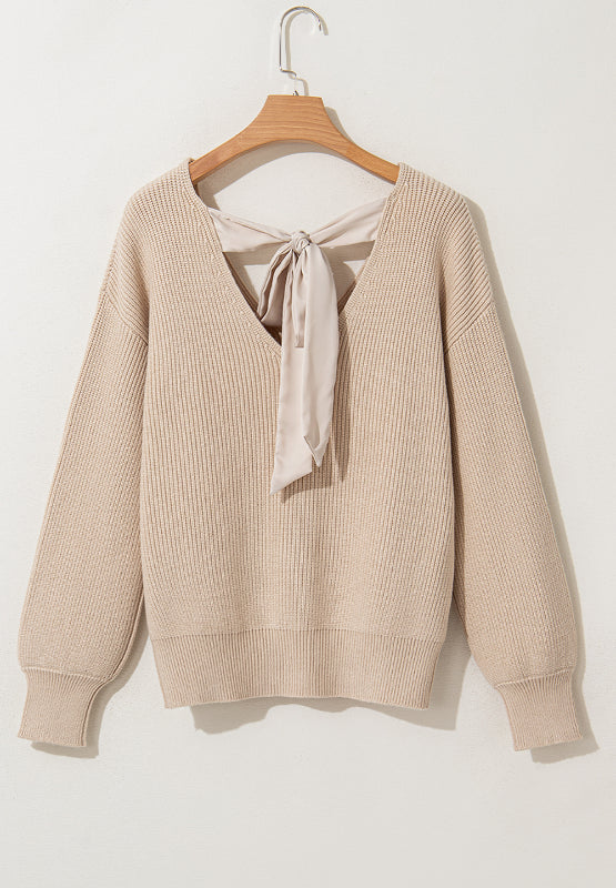 Tied Back V-Neck Long Sleeve Sweater-Angel Casuals