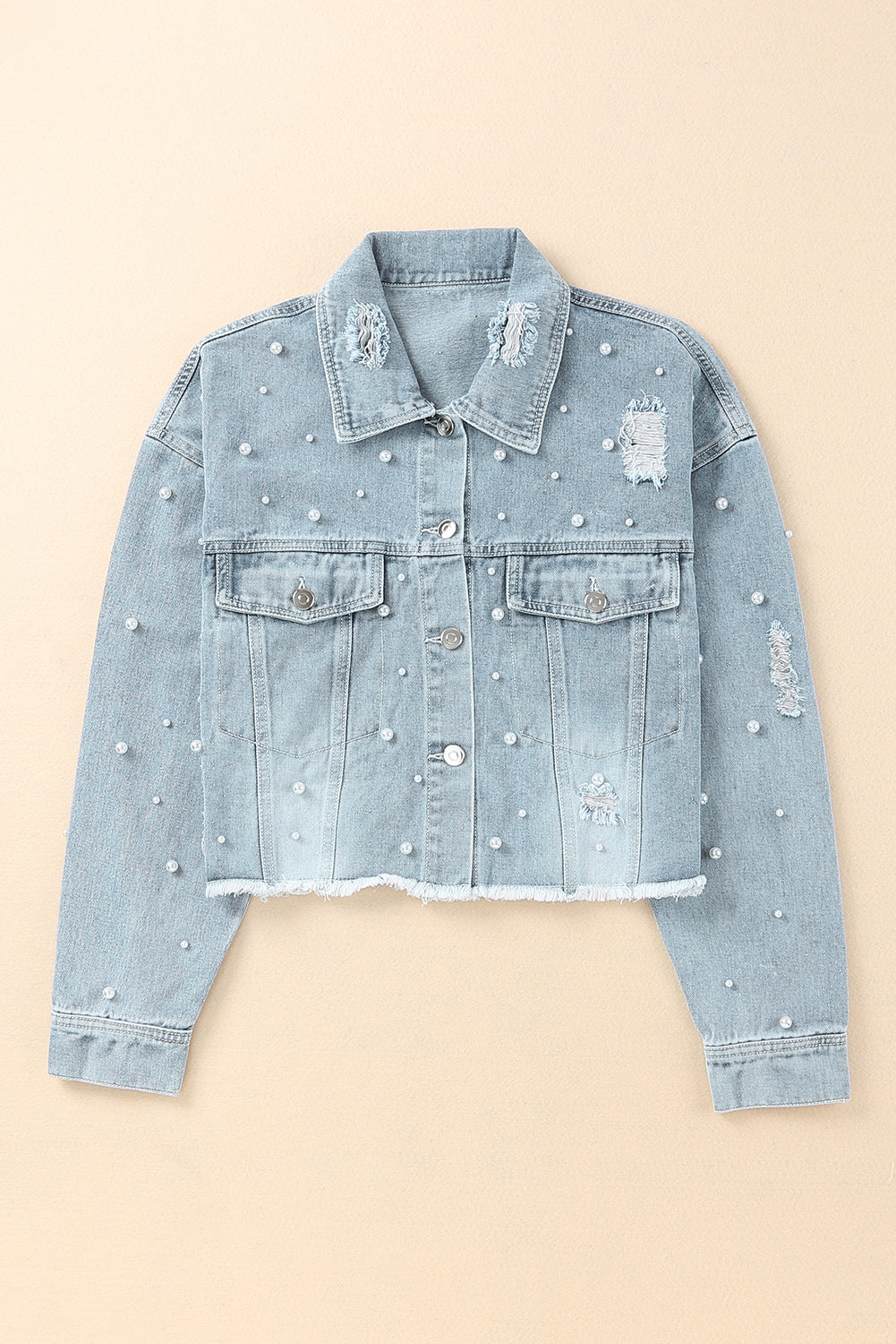 Distressed Pearl Trim Button Up Denim Jacket-Angel Casuals