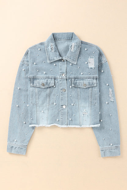 Distressed Pearl Trim Button Up Denim Jacket-Angel Casuals