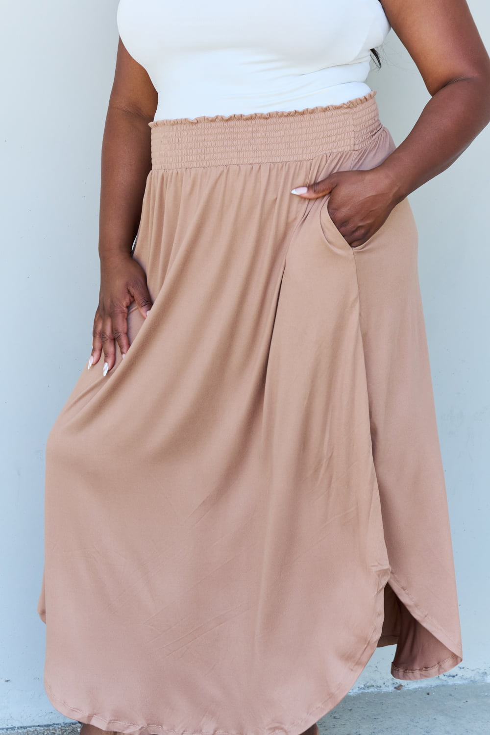 Doublju Comfort Princess Full Size High Waist Scoop Hem Maxi Skirt in Tan-Angel Casuals