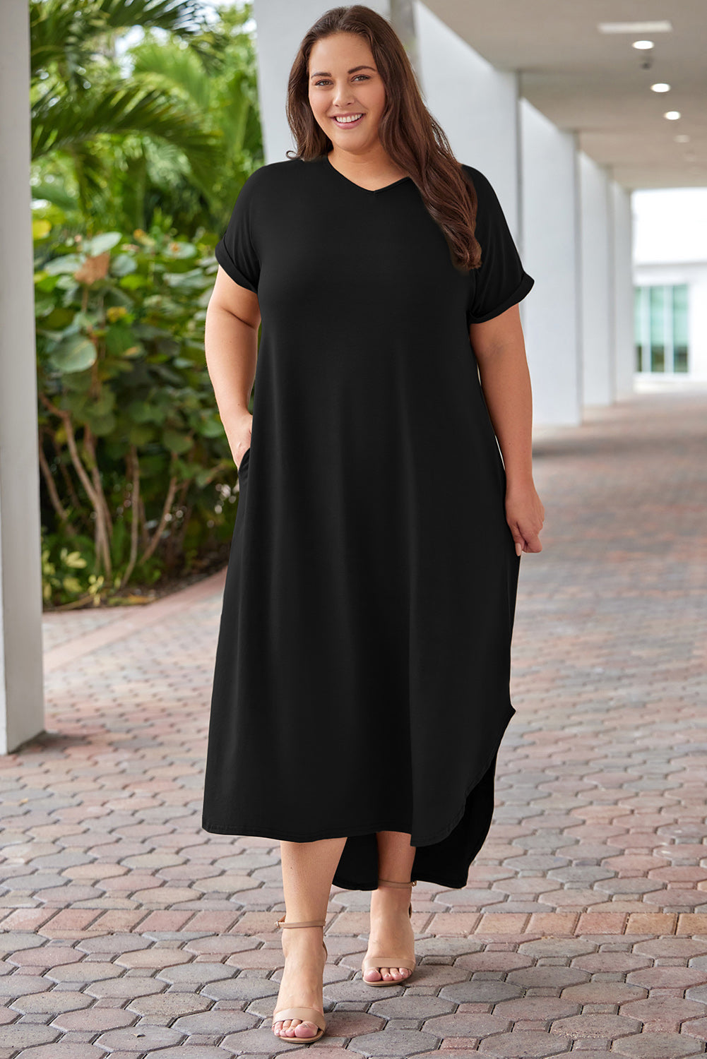 Plus Size V-Neck Short Sleeve Maxi Dress-Angel Casuals