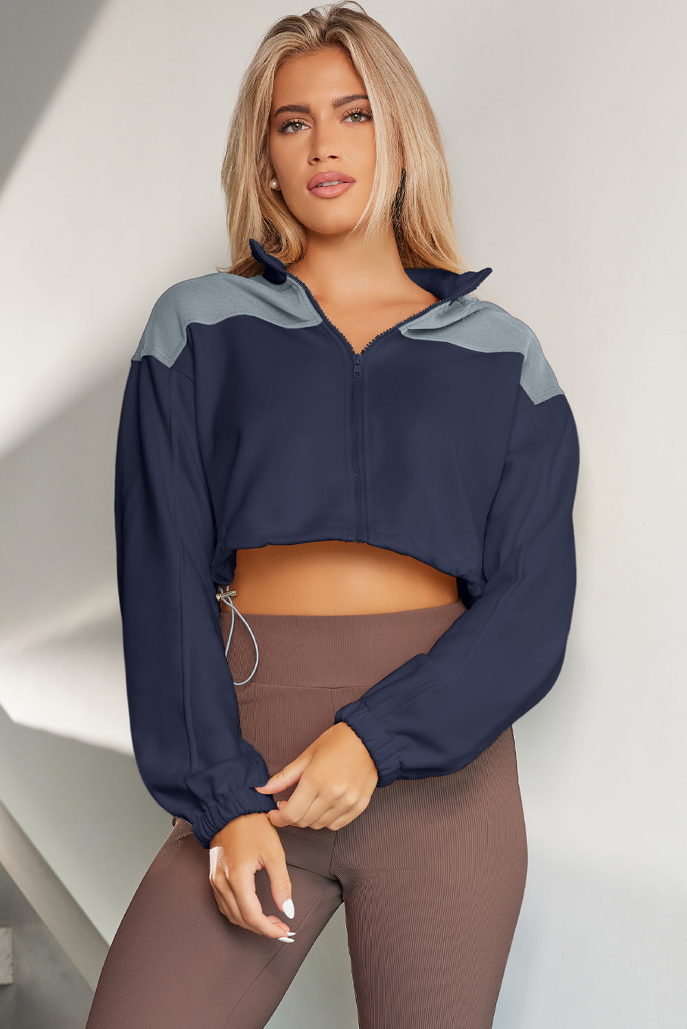 Contrast Drawstring Zip Up Jacket-Angel Casuals