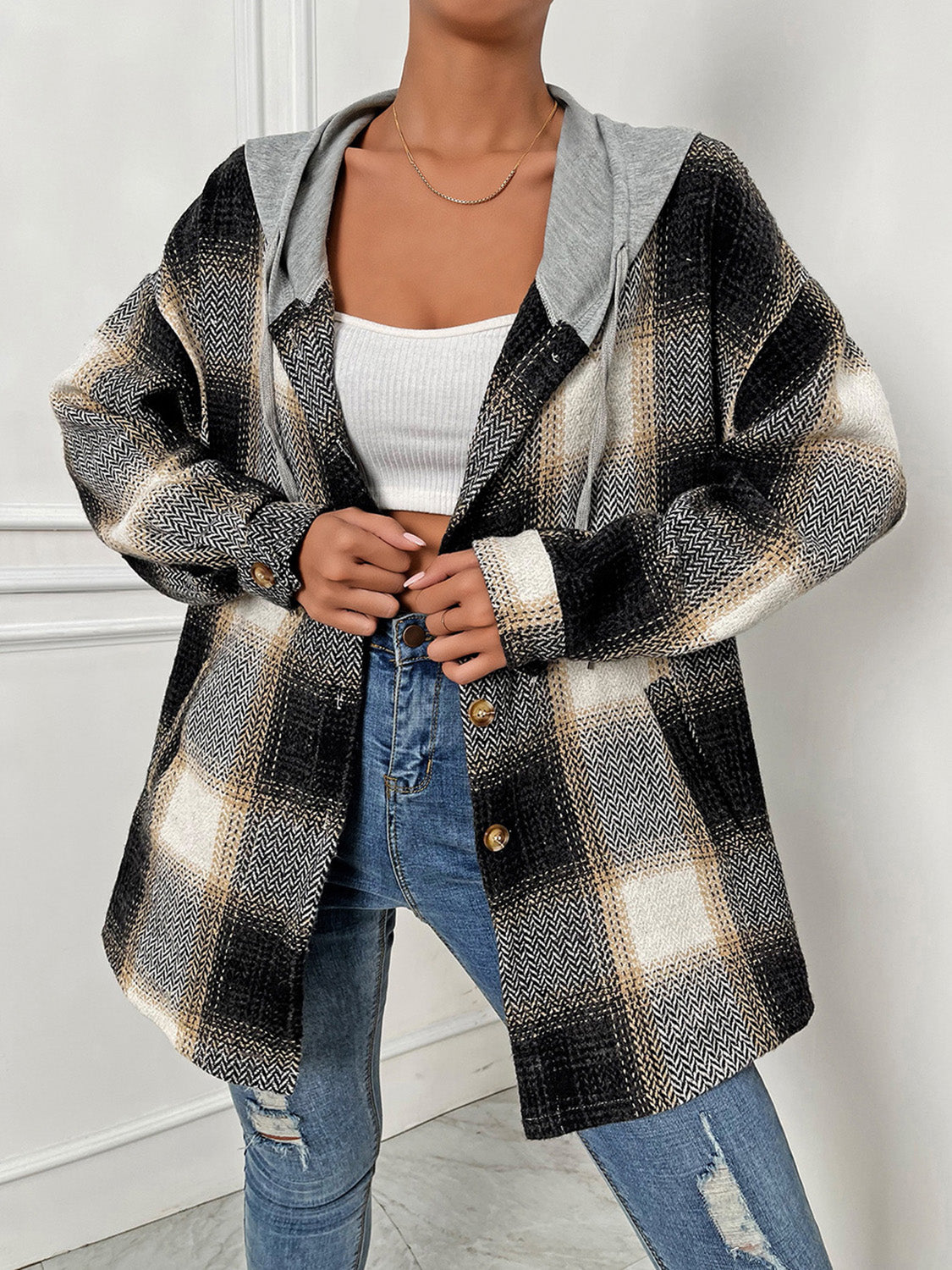 Plaid Drawstring Hooded Jacket-Angel Casuals
