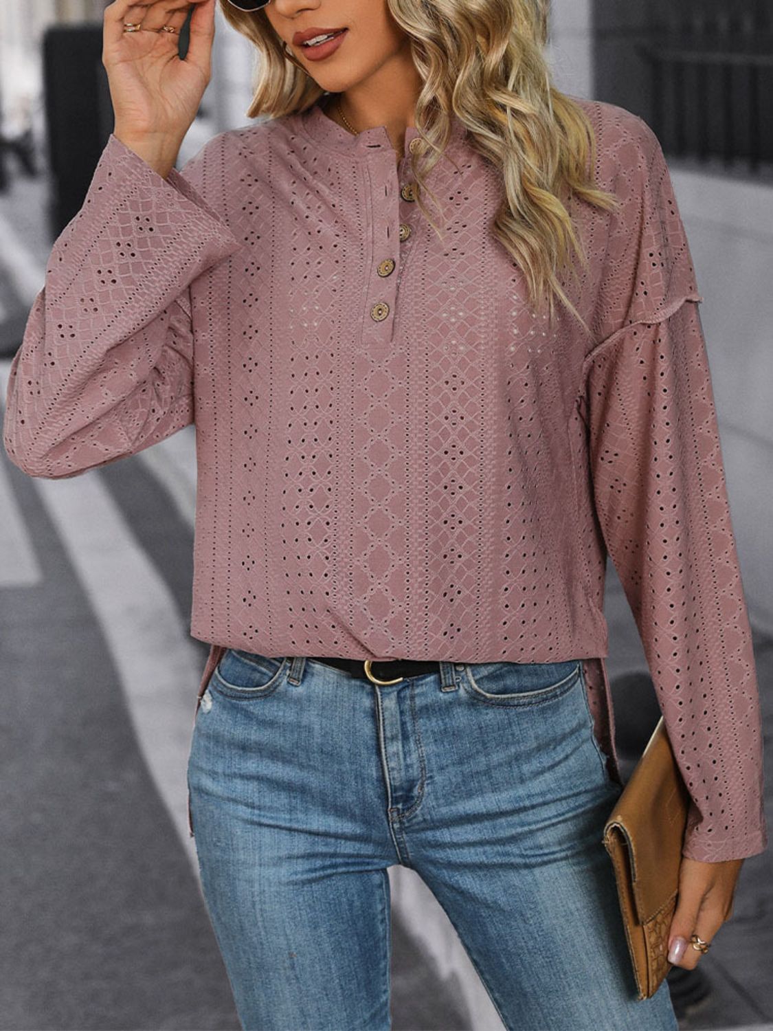 Perfee Eyelet Round Neck Long Sleeve Top-Angel Casuals