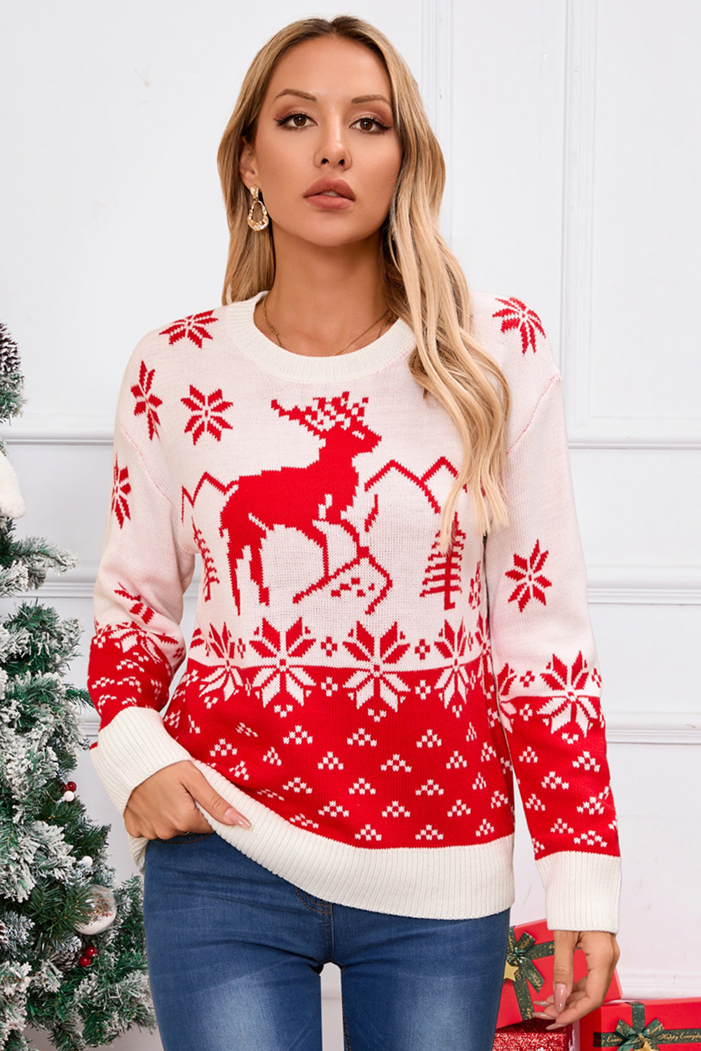 Angel Wings Deer Pattern Round Neck Long Sleeve Sweater-Angel Casuals