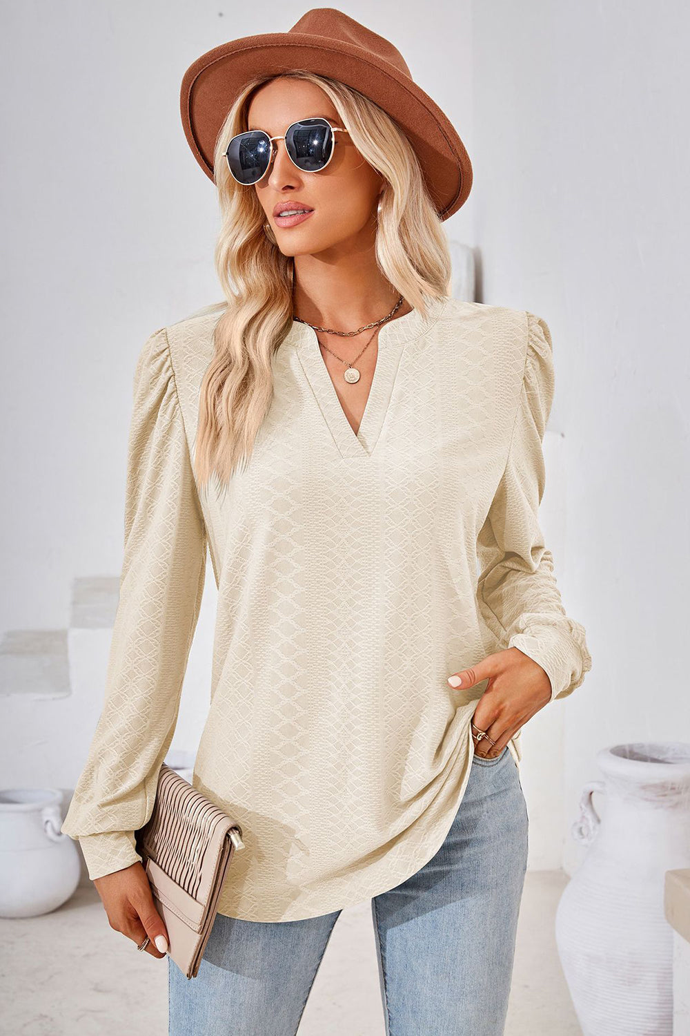 Notched Long Sleeve T-Shirt-Angel Casuals