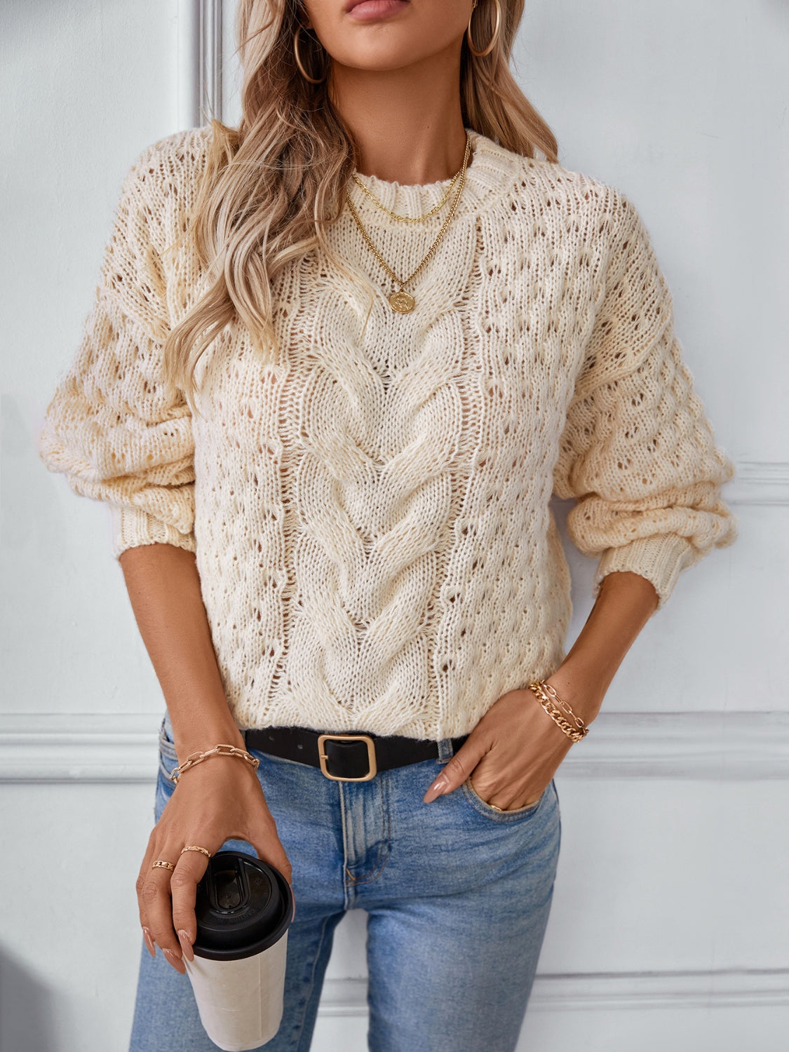 Cable-Knit Round Neck Long Sleeve Sweater-Angel Casuals