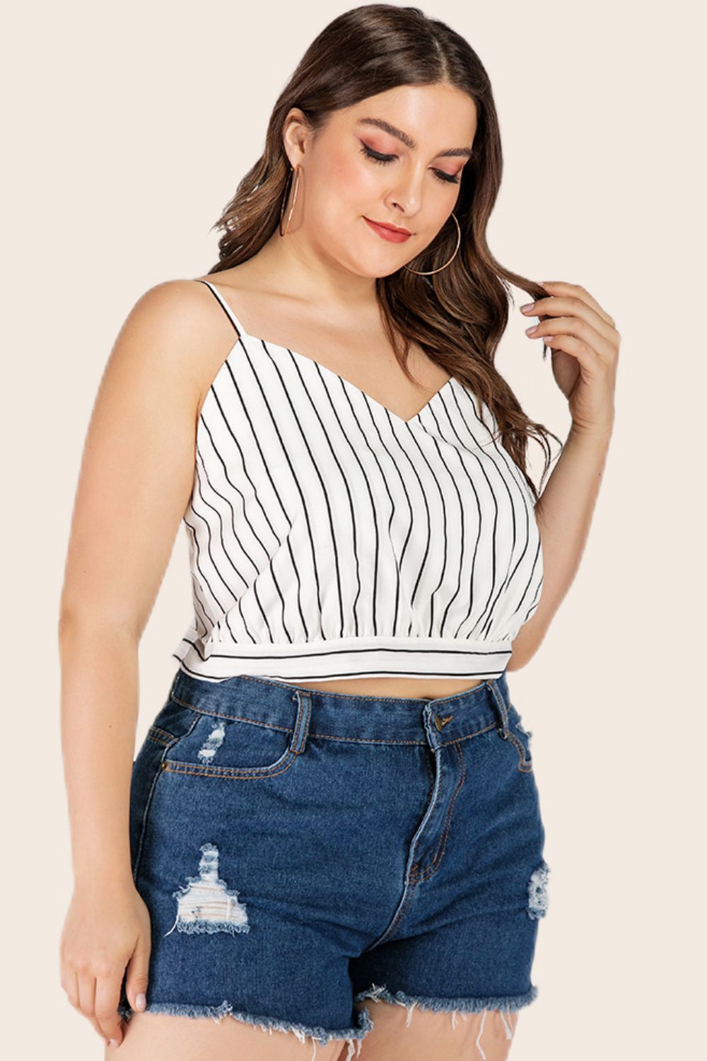 Plus Size Striped Tie-Back Cropped Cami-Angel Casuals