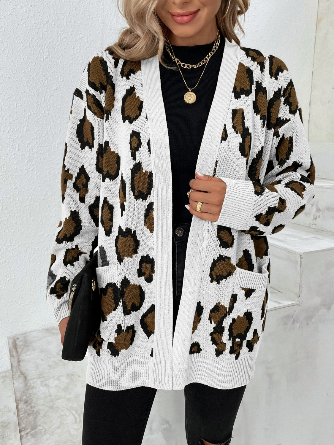 Leopard Open Front Dropped Shoulder Cardigan-Angel Casuals