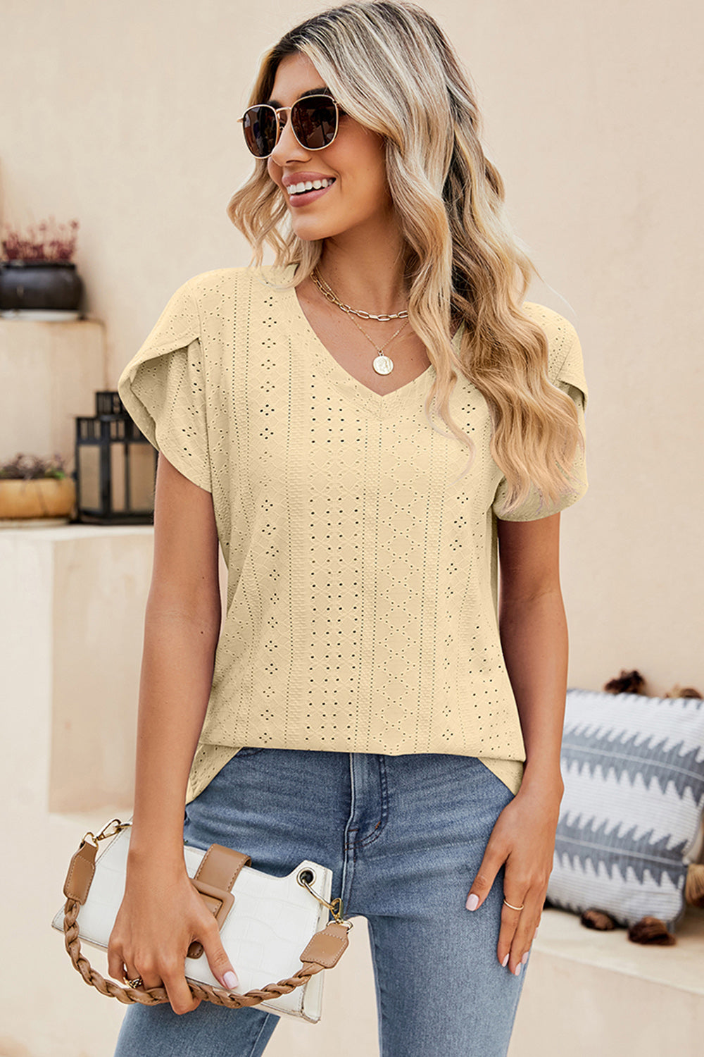 Eyelet V-Neck Petal Sleeve T-Shirt-Angel Casuals