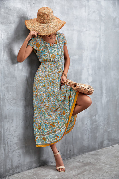 V-Neck Short Sleeve Printed Maxi Dress-Angel Casuals