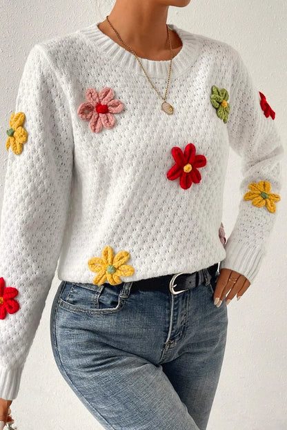 Crochet Flower Round Neck Sweater-Angel Casuals