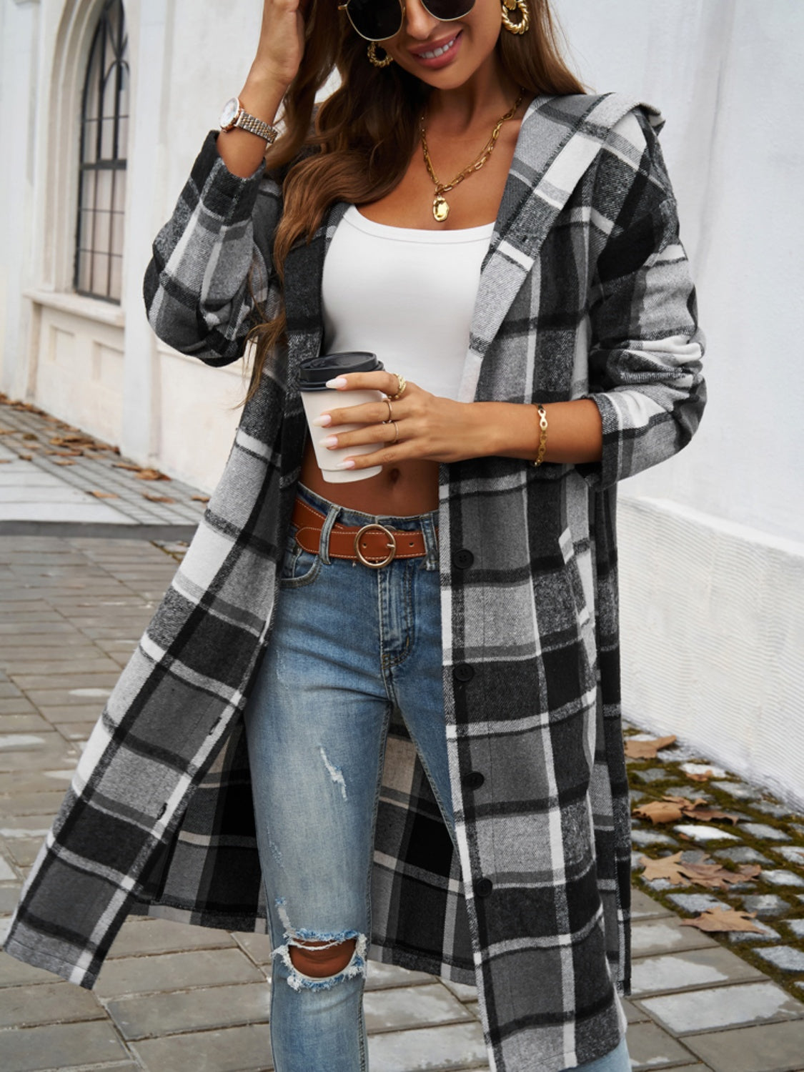 Devine Plaid Long Sleeve Hooded Coat-Angel Casuals