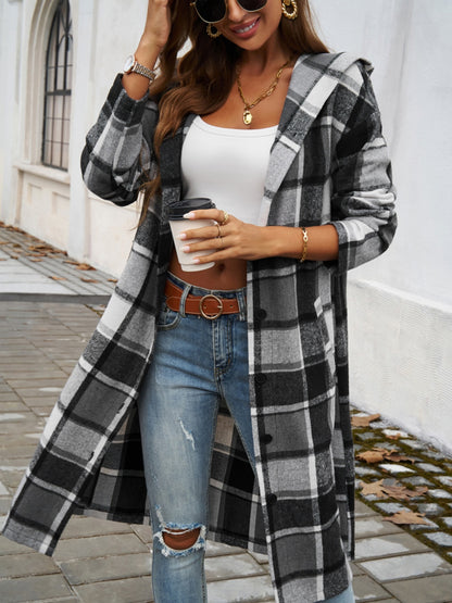 Devine Plaid Long Sleeve Hooded Coat-Angel Casuals
