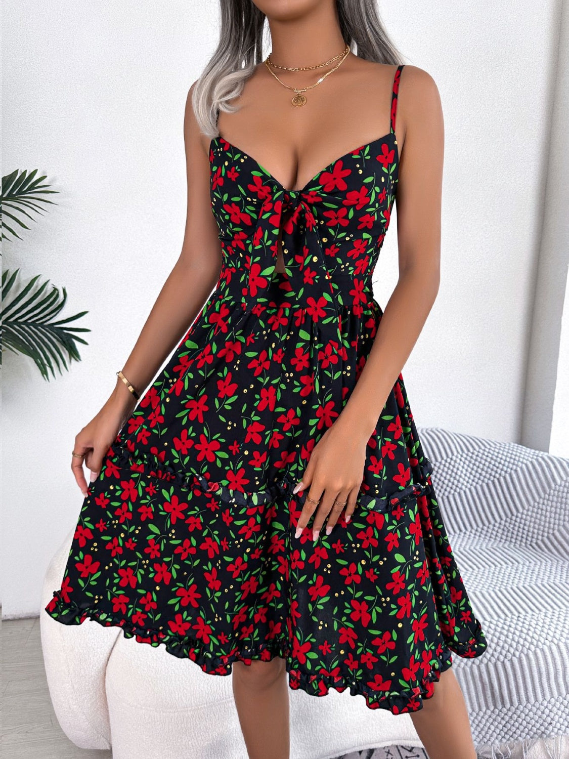 Printed Plunge Cap Sleeve Cami Dress-Angel Casuals