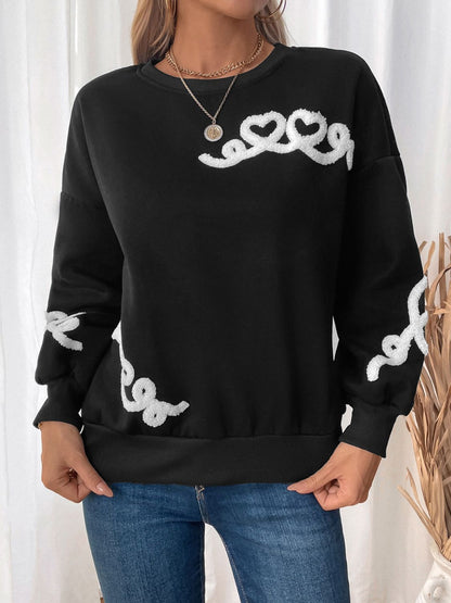 Perfee Heart Round Neck Long Sleeve Sweater-Angel Casuals