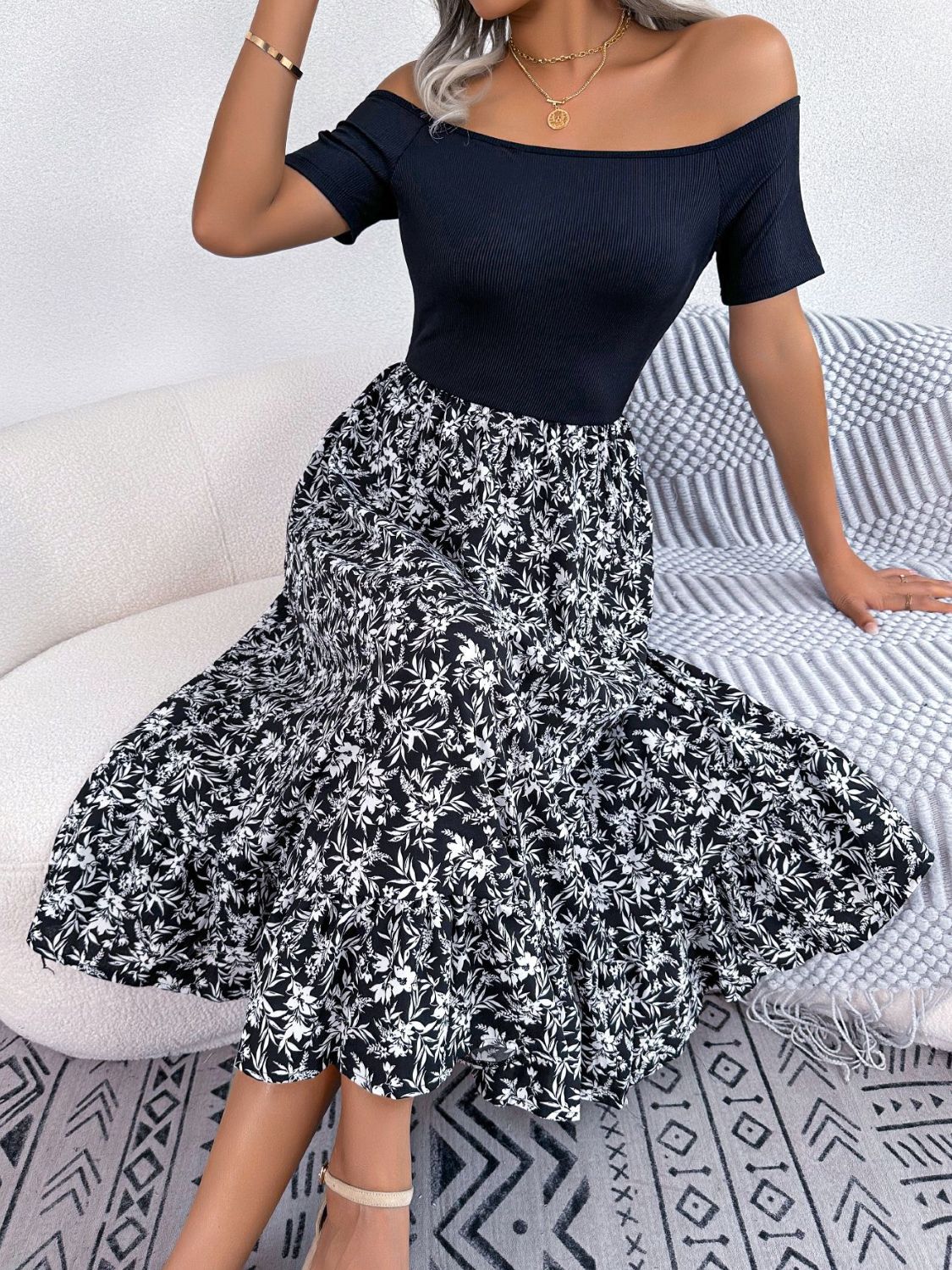 Printed Off-Shoulder Ruffle Hem Dress-Angel Casuals