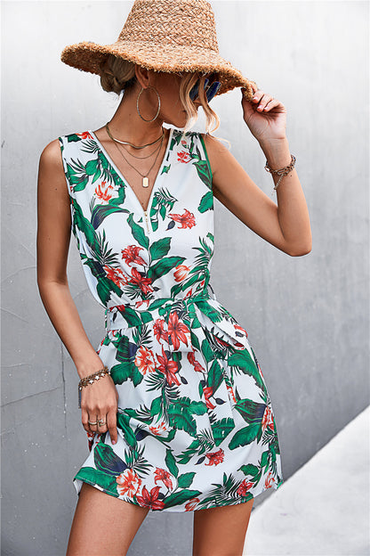 Printed Zip Detail Belted Sleeveless Dress-Angel Casuals