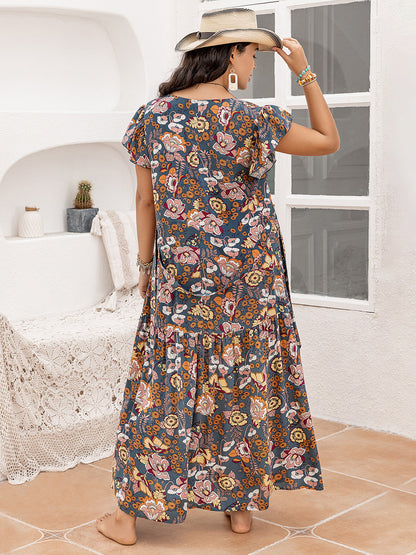 Plus Size Ruffled Printed Cap Sleeve Dress-Angel Casuals