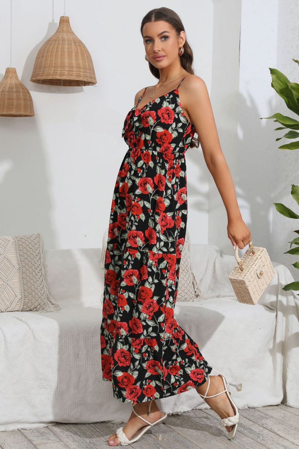 Rose Print Spaghetti Strap Sweetheart Neck Dress-Angel Casuals