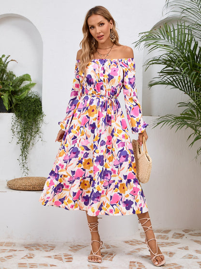 Printed Long Sleeve Midi Dress-Angel Casuals