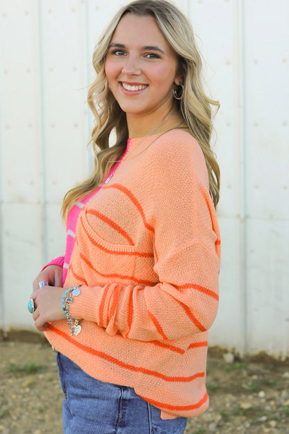 Striped Pocketed Dropper Shoulder Sweater-Angel Casuals