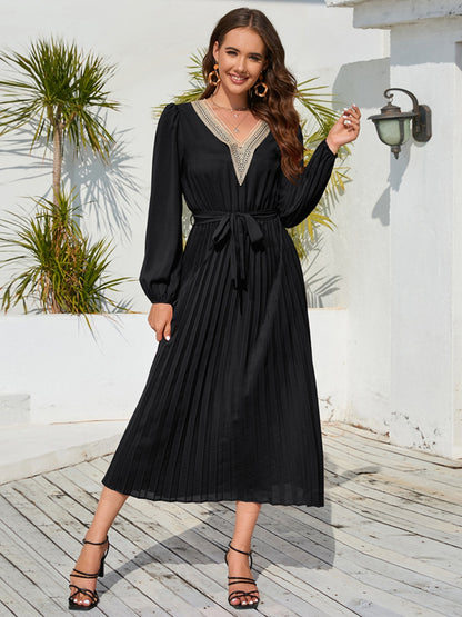 V-Neck Long Sleeve Pleated Dress-Angel Casuals