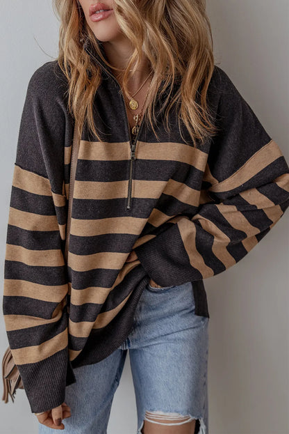 Striped Half Zip Long Sleeve Knit Top-Angel Casuals