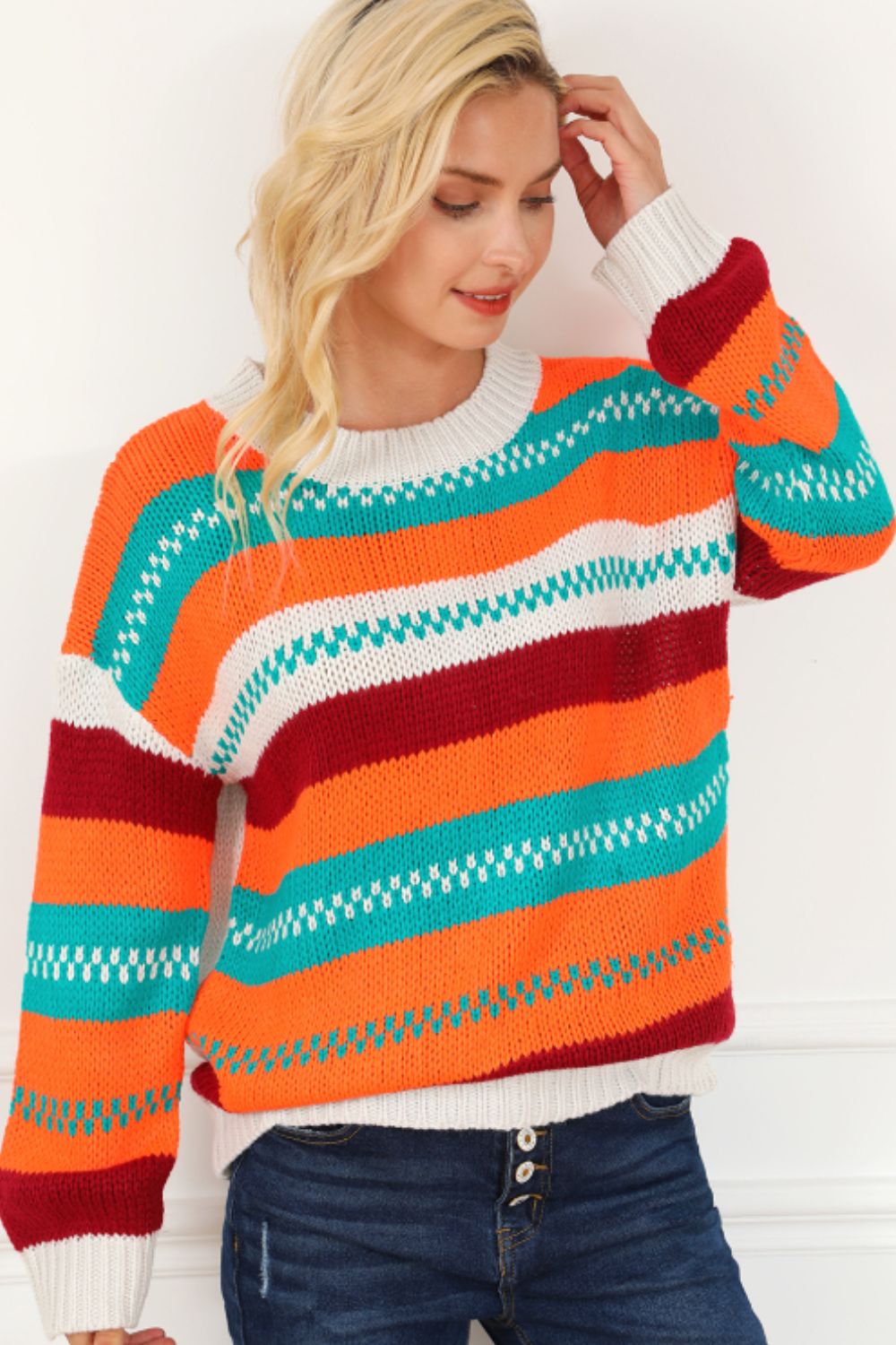 Contrast Striped Round Neck Long Sleeve Sweater-Angel Casuals