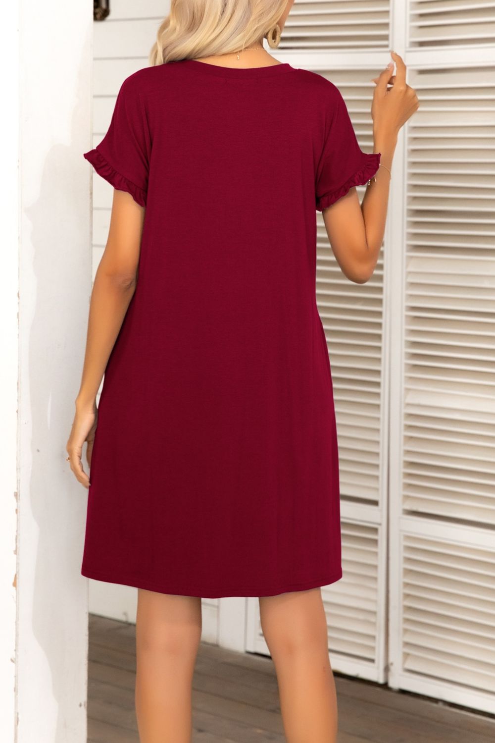 Flounce Sleeve Round Neck Dress with Pockets-Angel Casuals