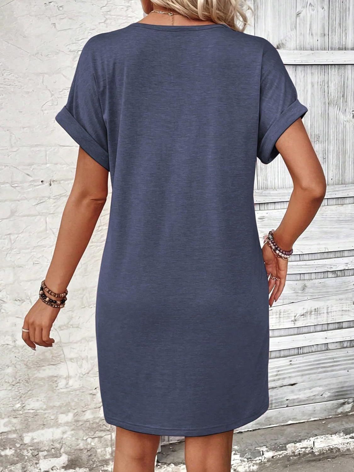 Quarter Button V-Neck Short Sleeve Dress-Angel Casuals