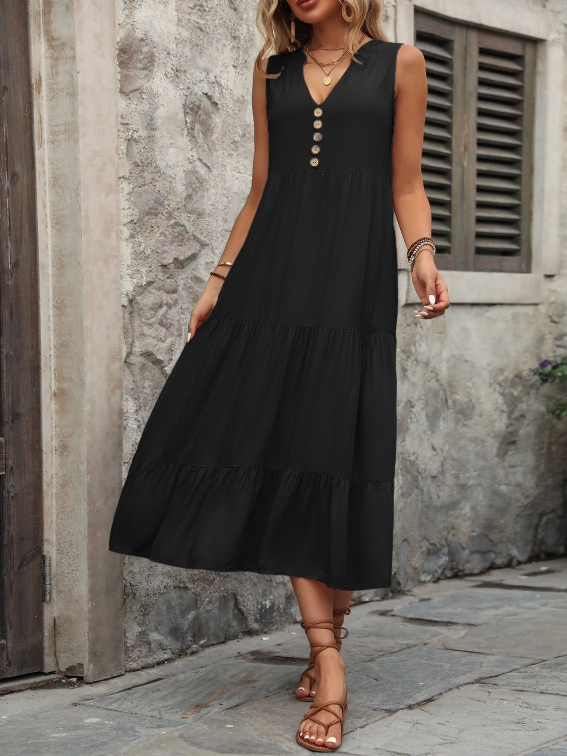 Decorative Button Notched Sleeveless Dress-Angel Casuals