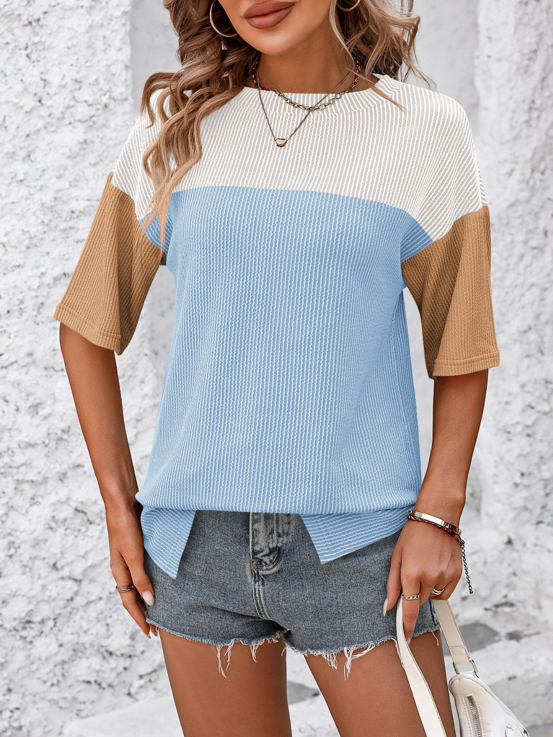 Color Block Round Neck Half Sleeve T-Shirt-Angel Casuals