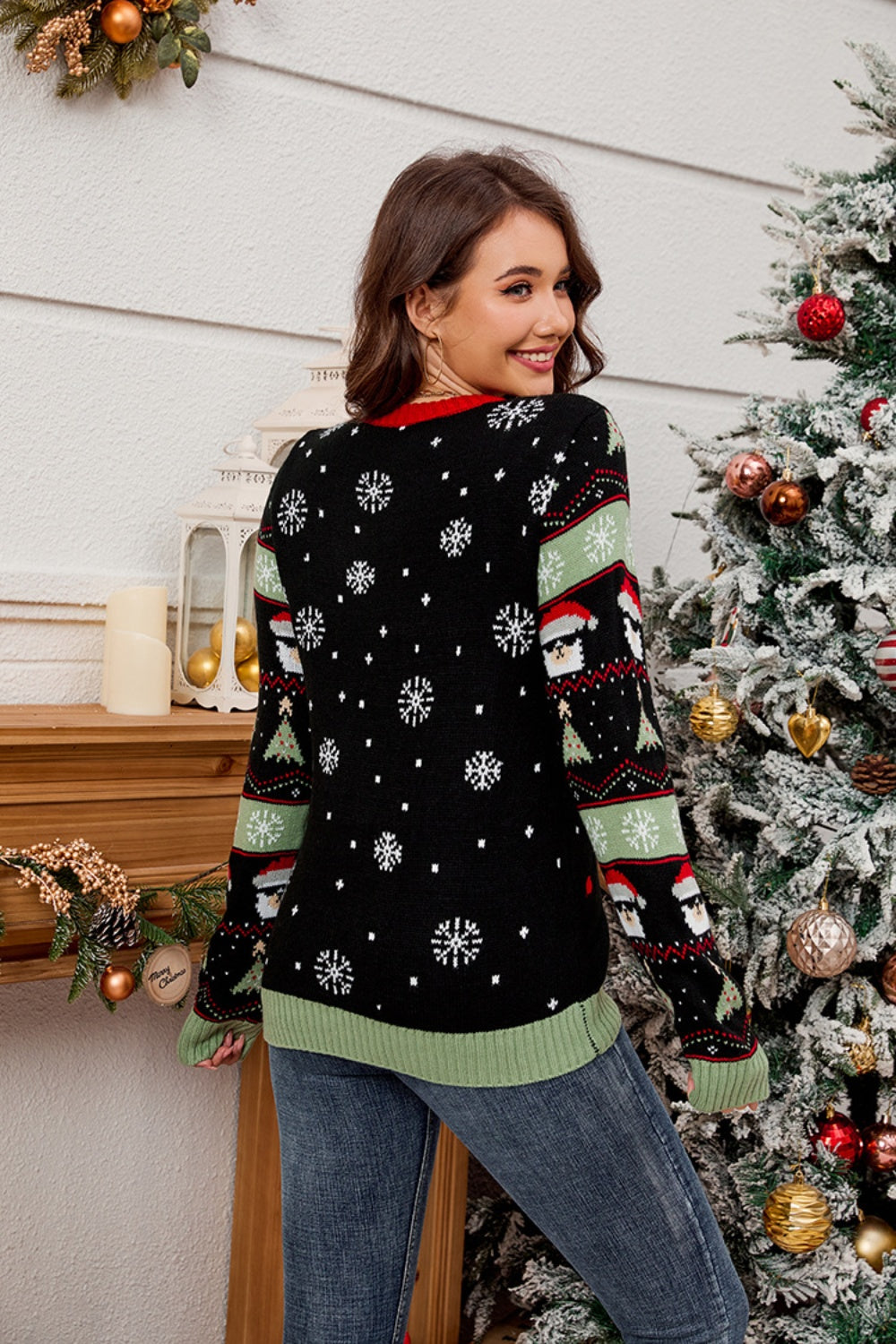 Contrast Christmas Pattern Round Neck Sweater-Angel Casuals