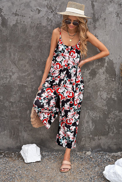 Botanical Print Spaghetti Strap Cropped Jumpsuit-Angel Casuals