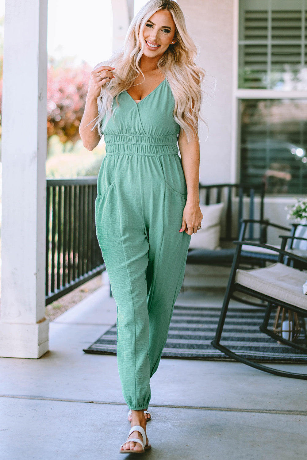 Spaghetti Strap V-Neck Jumpsuit with Pockets-Angel Casuals