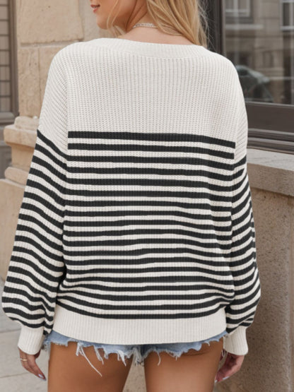 Striped Round Neck Long Sleeve Sweater-Angel Casuals