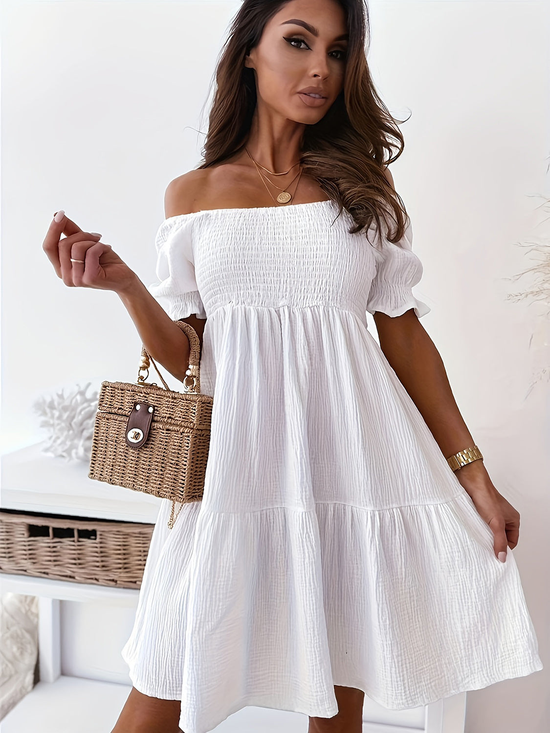 Full Size Ruffled Off-Shoulder Short Sleeve Dress-Angel Casuals